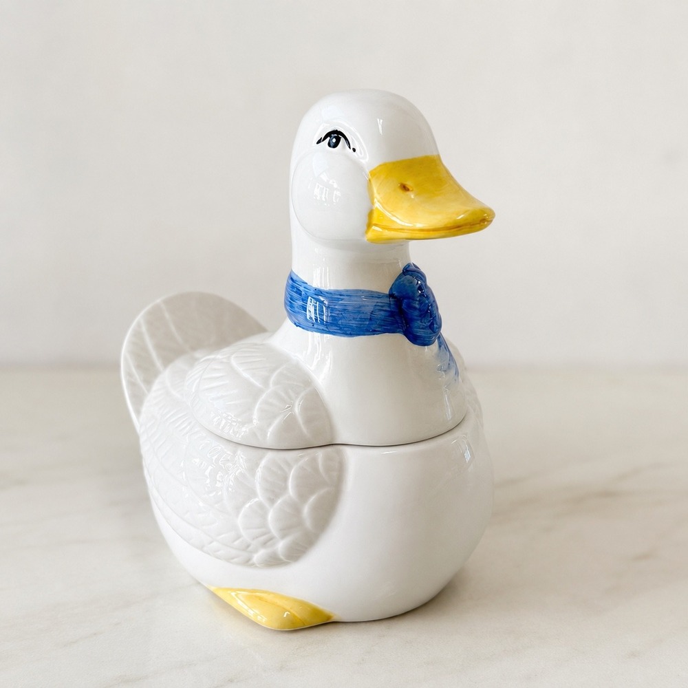 Vintage Ceramic Duck Jar White Goose Blue Bow Farmhouse Cottagecore Decor
